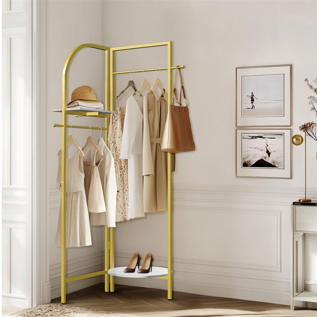 P&P Freestanding Gold Coat Rack Strong Entryway Corner Clothes Stand w/ Shelf & Hook