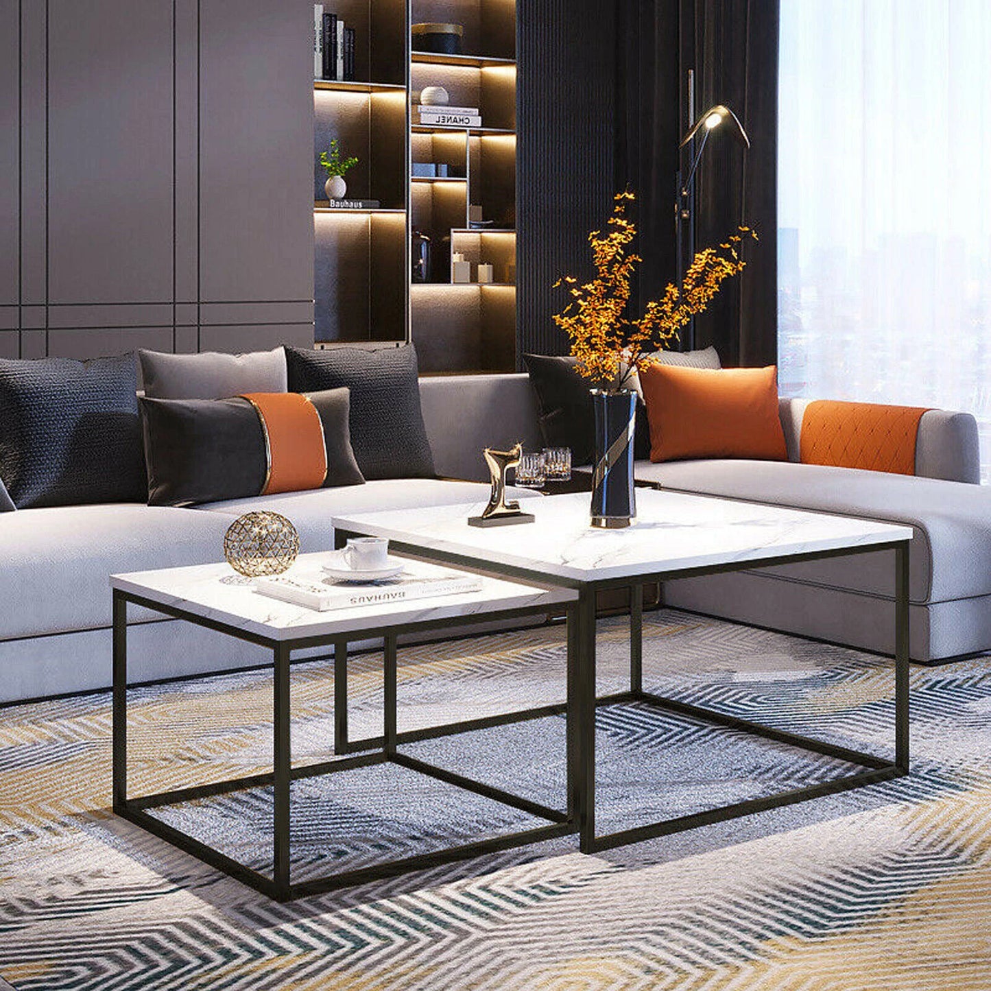 White Sintered Stone Rectangular Nesting Tables with Black Metal Frame