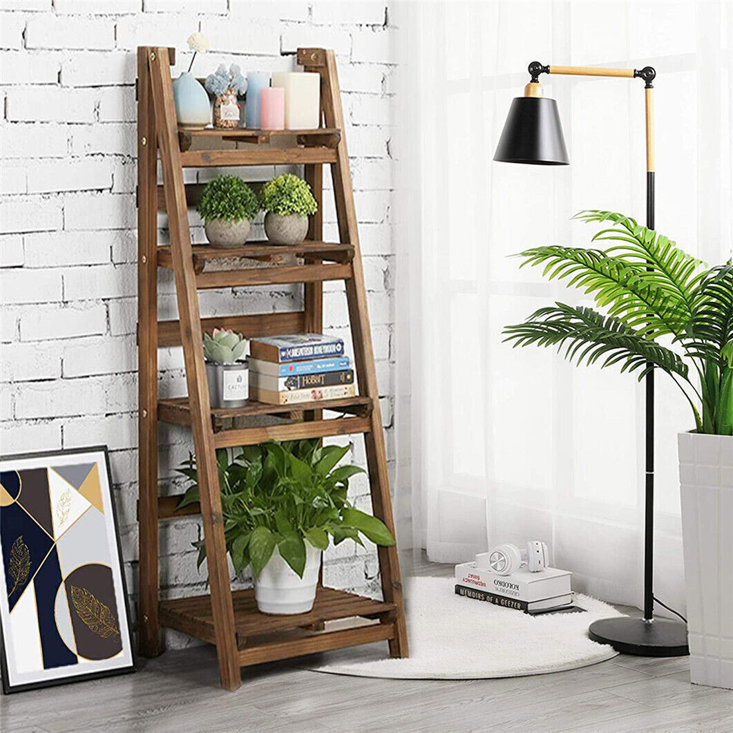 P&P 4Tier Ladder Shelf Wooden Leaning Bookshelf Tall Standing Flower Stand Plant Rac