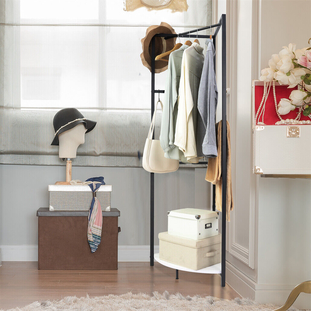 P&P Triangle Corner Coat Rack Stand w/ Bottom Storage Shelf & Hooks Bedroom Entryway