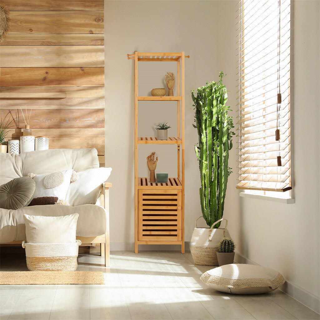 P&P 4 Tier Extra Tall Bamboo Bathroom Storage Cabinet w/ Large Drawer Home Furniture