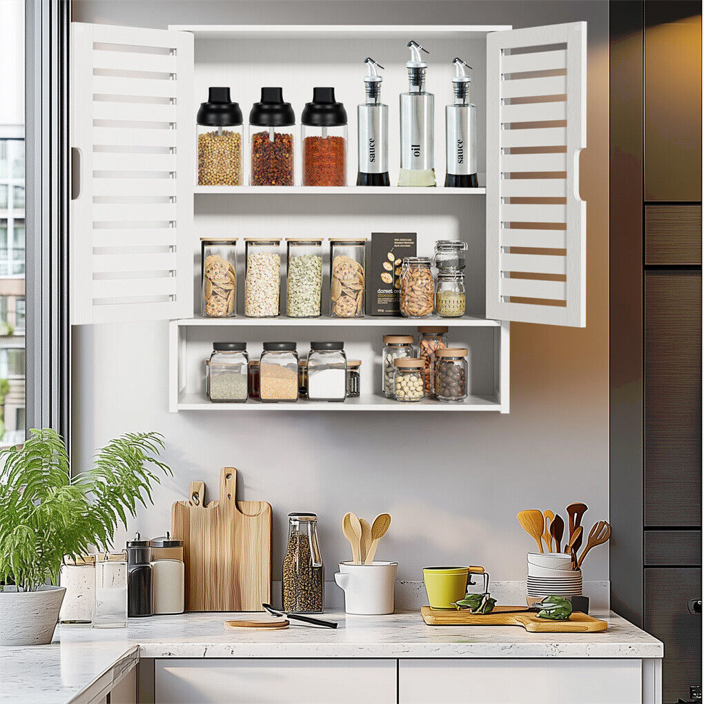 P&P Minimalist White Wood Cupboard Large Bathroom Kitchen Wall Cabinet Storage Unit