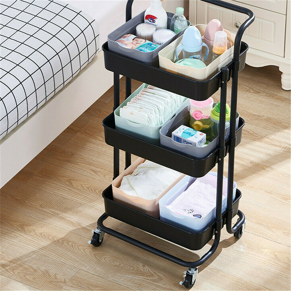 P&P 3-Tier Rolling Cart Basket Storage Serving Trolley Organiser w/ Ergonomic Handle