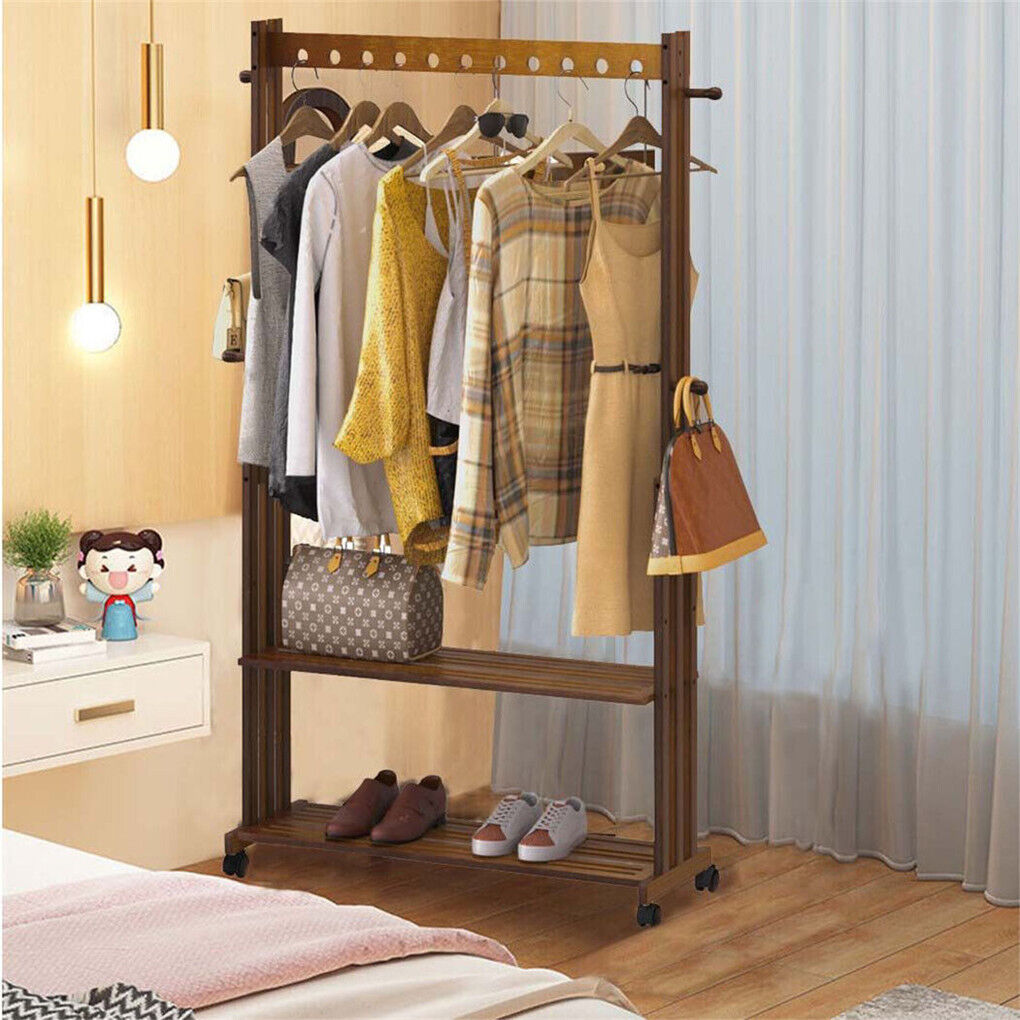 Retro Heavy Duty Wooden Clothes Rail Rack Rolling Garment Shoes Shelf Top Hooks