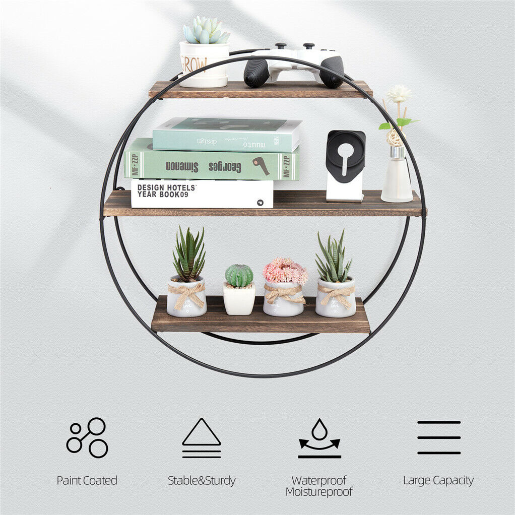 P&P Large Round Wall Unit Industrial Iron Style Retro Metal Wood Home Shelf Storage