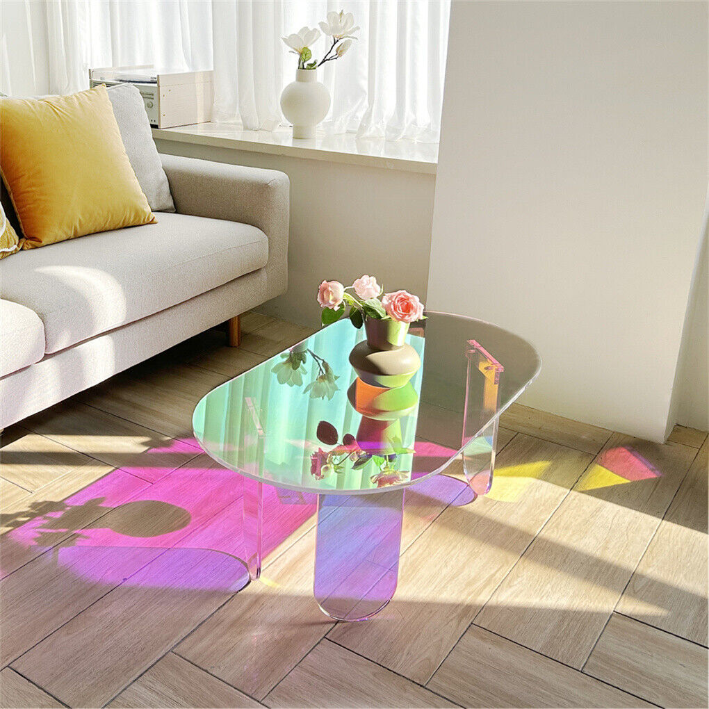 P&P Colorful Acrylic Coffee Table Iridescent Glass End Side Table Oval Accent Table