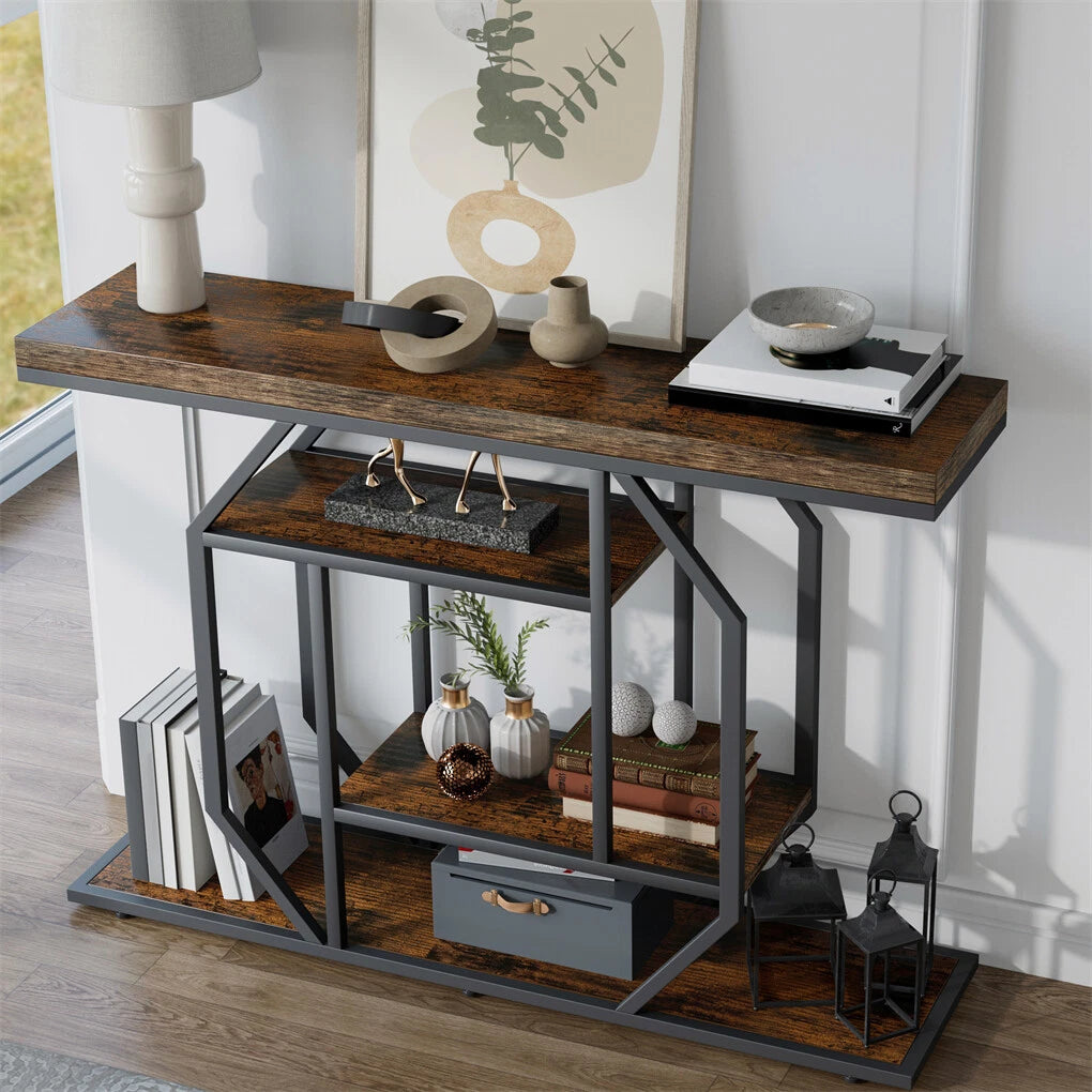 Black And Brown Entry Table With Industrial Design And Rustic Charm