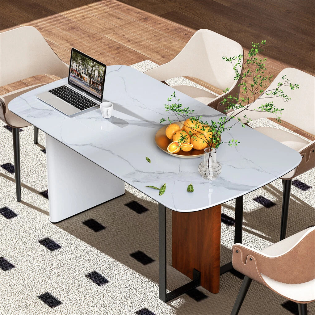 White Sintered Stone Dining Table With Tempered Glass Base Design