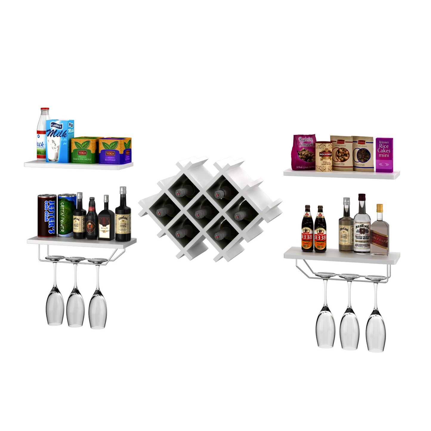 Buy Wall Mount Wine Rack Set of 5 with Shelves & Glass Holder AU