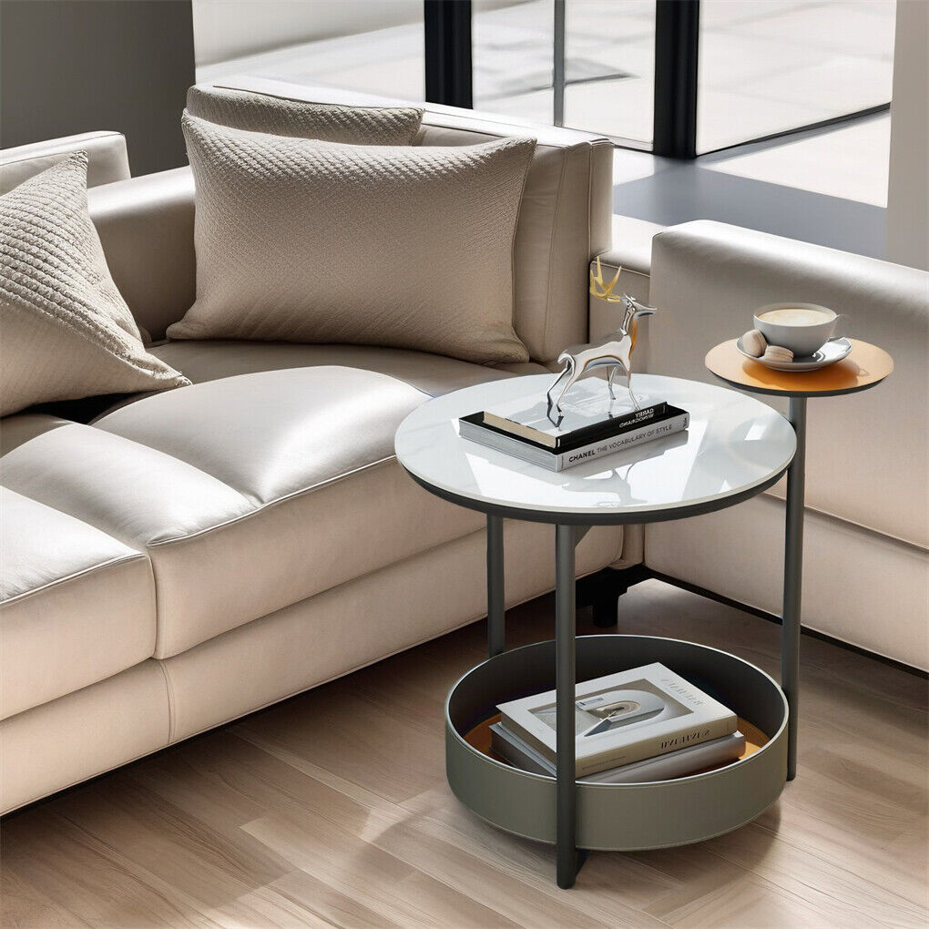 P&P 3Tier Unique Sofa Side End Table Sintered Stone-top Accent Table w Leather Shelf