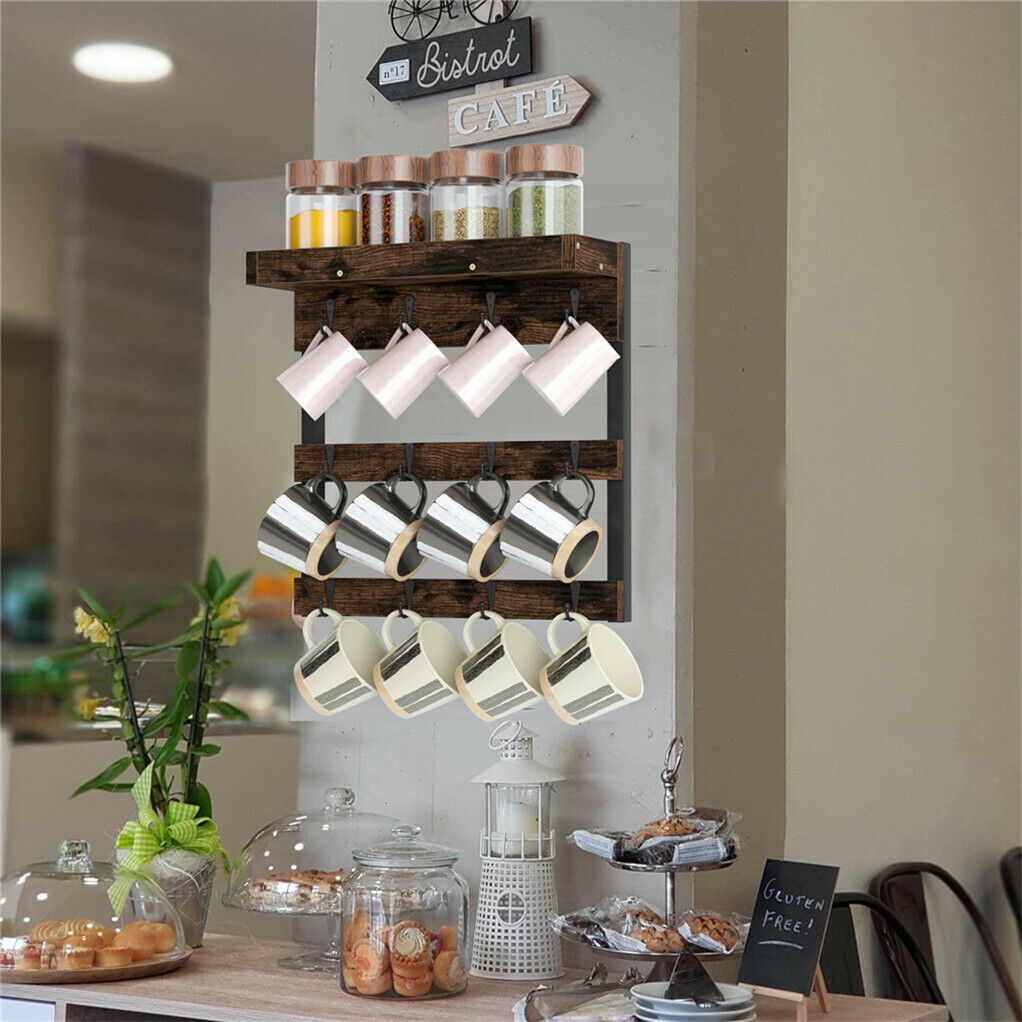 P&P Wall Mounted Coffee Mug Rack Holder with 12Hook Display Storage Collection Shelf