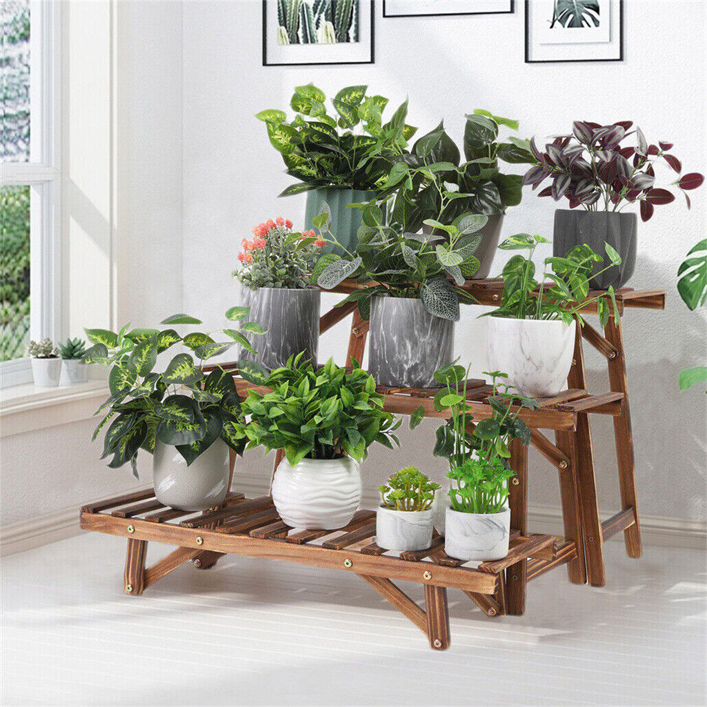 P&P DIY 3 Tier Wide Ladder Plant Stand Outdoor Step Heavy Duty Wood Rack Stair Style