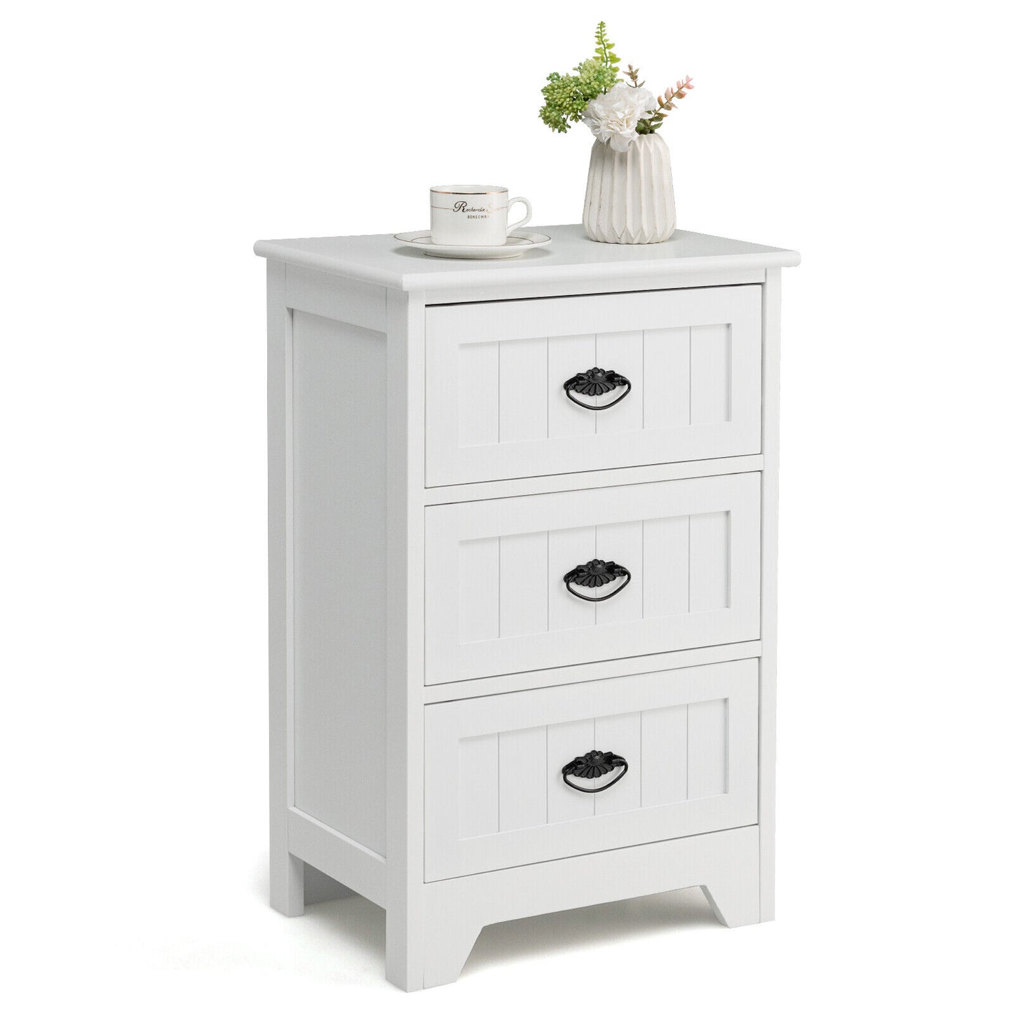 White Wooden Bedside Table with 3 Drawers