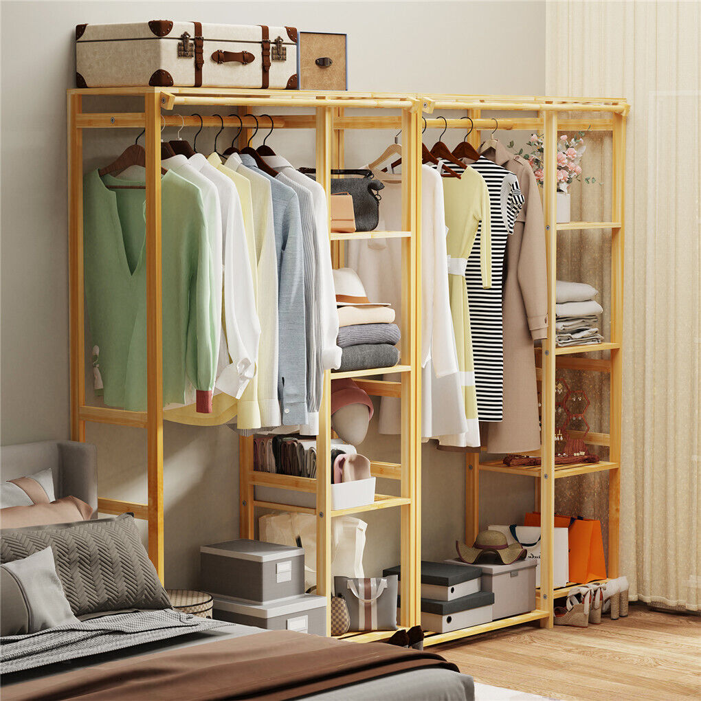 P&P Extra Large Solid Bamboo Garment Rack Freestanding Closet Wardrobe Clothing Rack