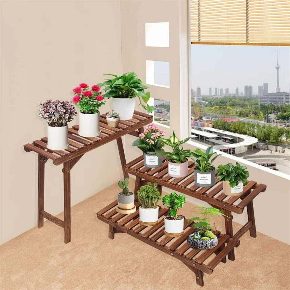 P&P 3 Tier Large Wood Shelf Step Flower Plant Display Stand Corner Ladder Pot Shelf