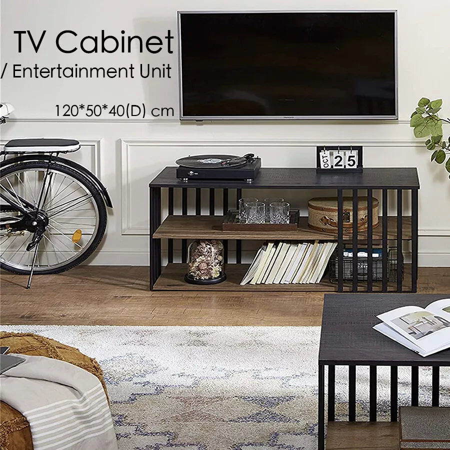 120cm TV Cabinet Entertainment Unit – Fits Up to 55” TV, Wood and Metal Console Stand