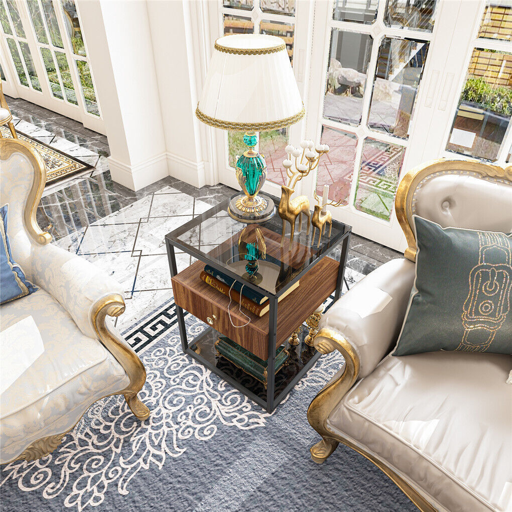 P&P Large Storage Nightstand File Cabinet Premium Glass & Wood Accent End Side Table