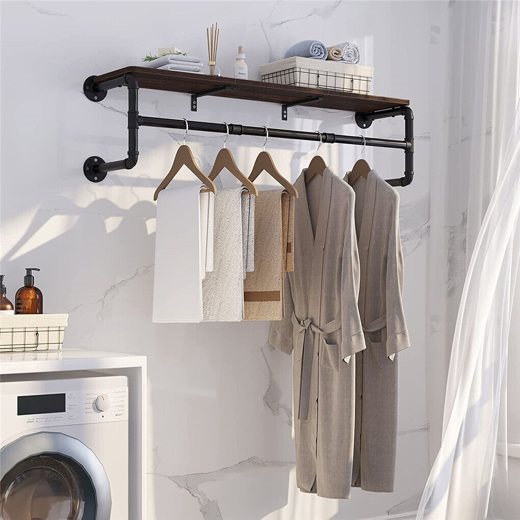 104cm Pipe Clothes Rail Wall Mounted Garment Hanging Rack Wardrobe With Shelf