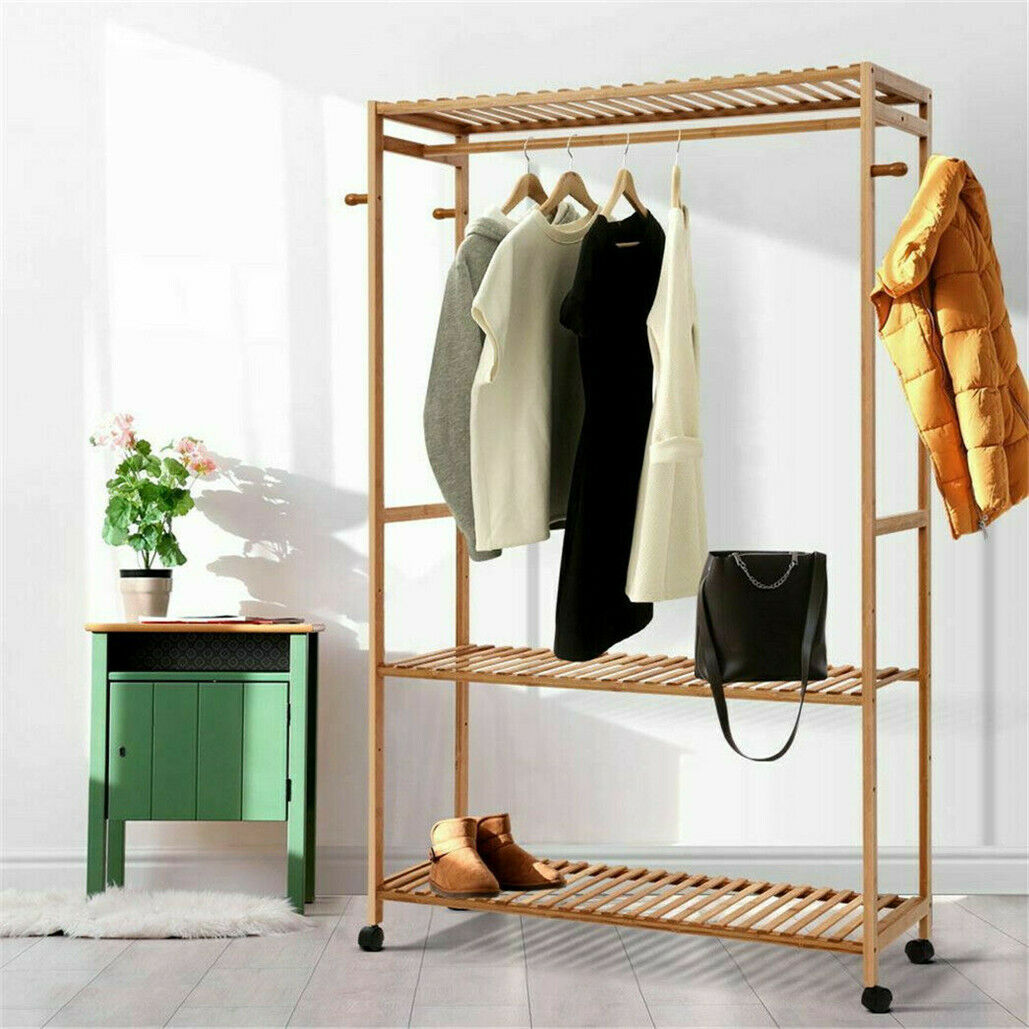 P&P 165cm Mildrew-proof Bamboo Clothes Shelves Stand On Wheels Coat Shoes Bags Rack