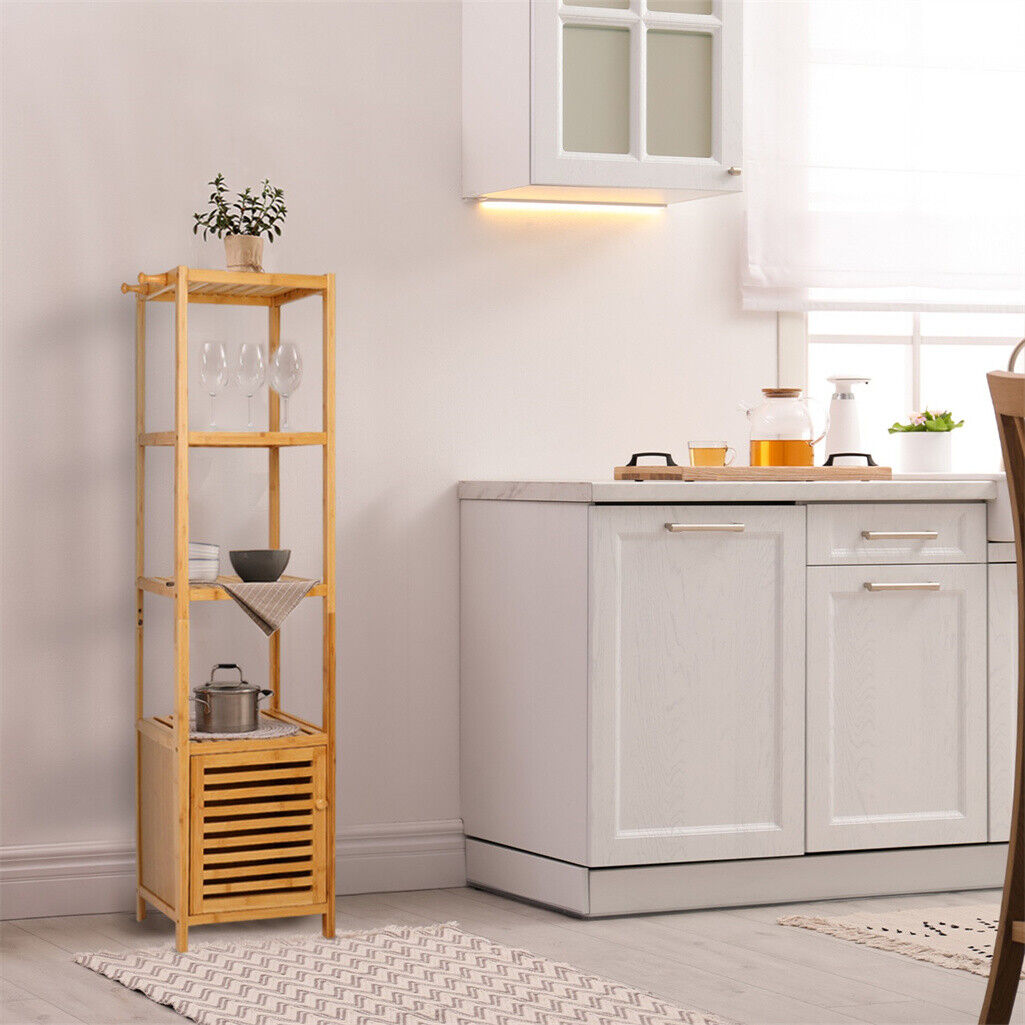 P&P Large Wooden Bathroom Storage Cabinet Slim Cupboard Organizer w 4 Shelf & 3 Hook