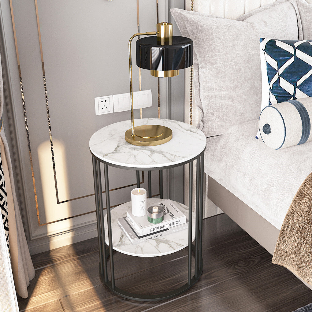 P&P Heavy Duty Marble Side End Table Coffee Table Flower Tray Open Shelf Nightstand