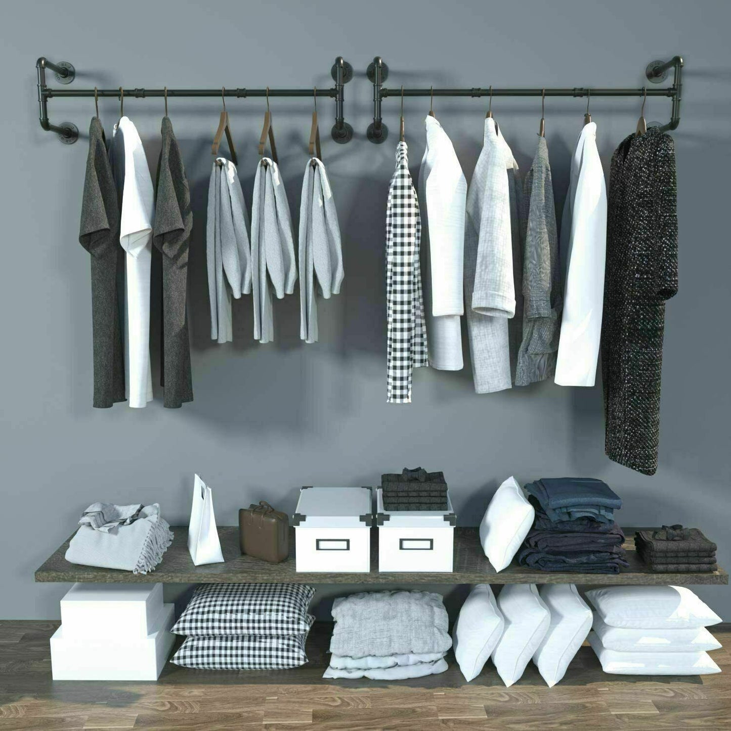 P&P Detachable Wall Mount Clothes Rack Industrial Pipe Garment Bar Hanging Rod 2Base
