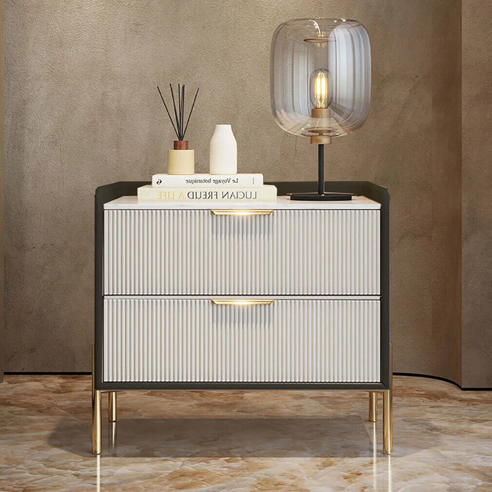 White & Grey Bedside Table With Sintered Stone Top And Storage Drawers