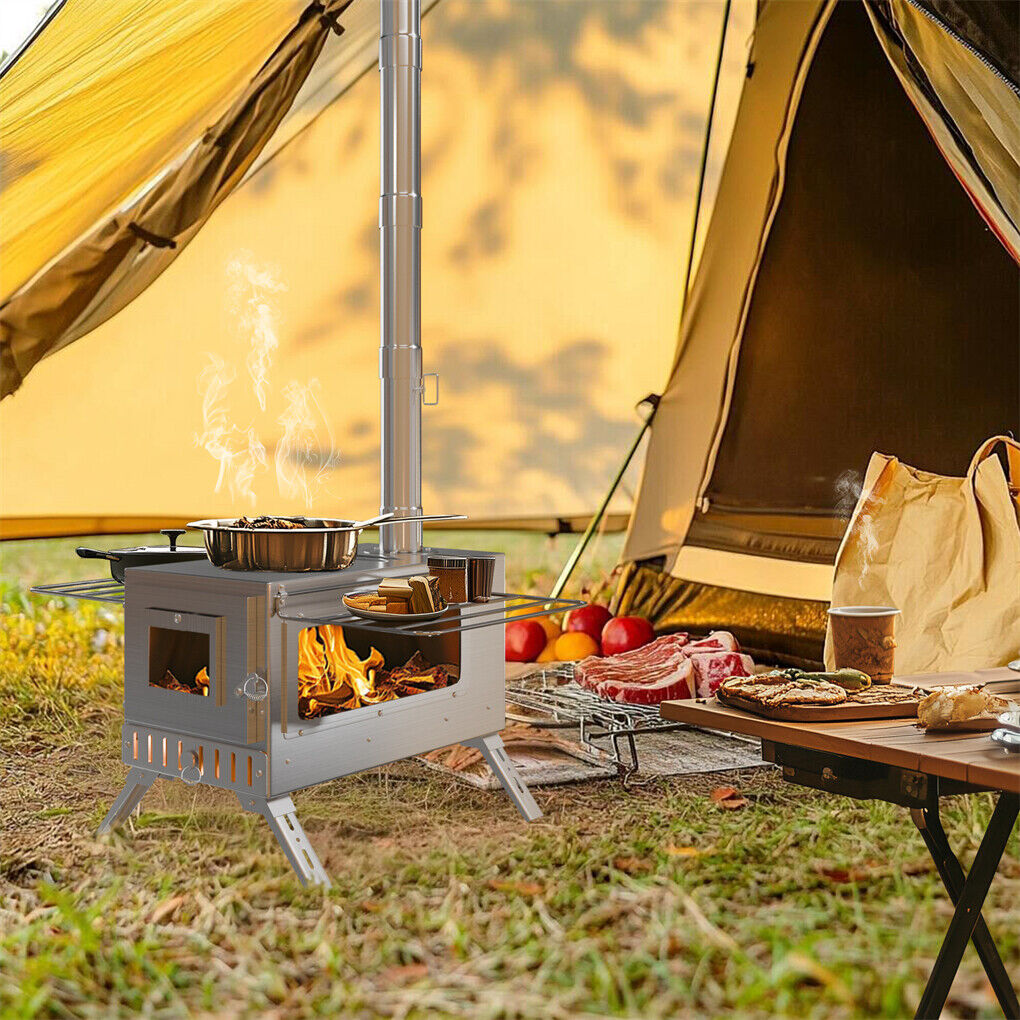 P&P Portable Camping Tent Stove Stainless Steel Wood Burning Stove w/ 7 Chimney Pipe