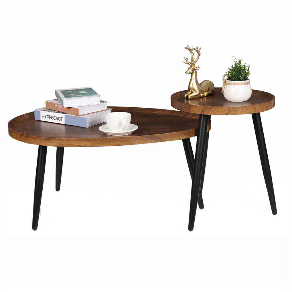 P&P Set of 2 Nesting Coffee Tables Nightstand Vintage Furniture with Metal Frame AU