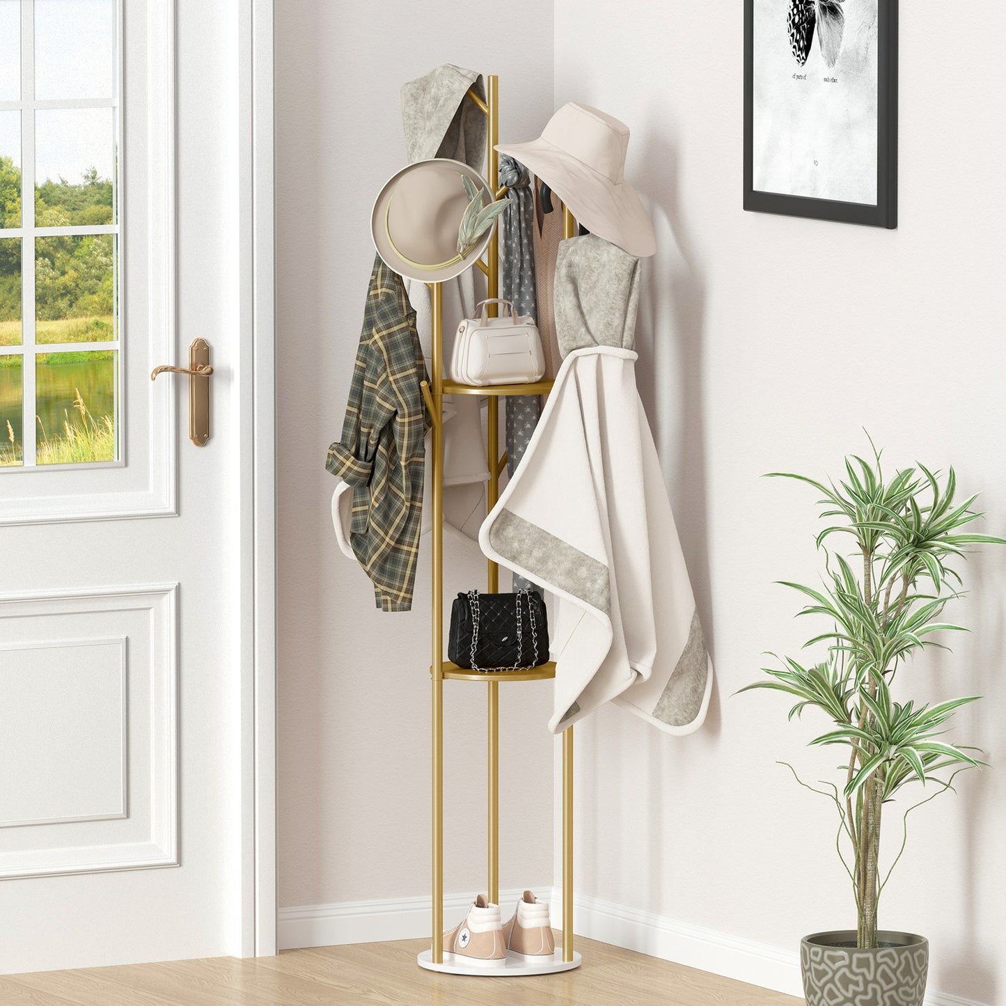 P&P Gold Metal Floor Coat Rack Stand Independent Marble Base Hat Clothes Hanger Tree