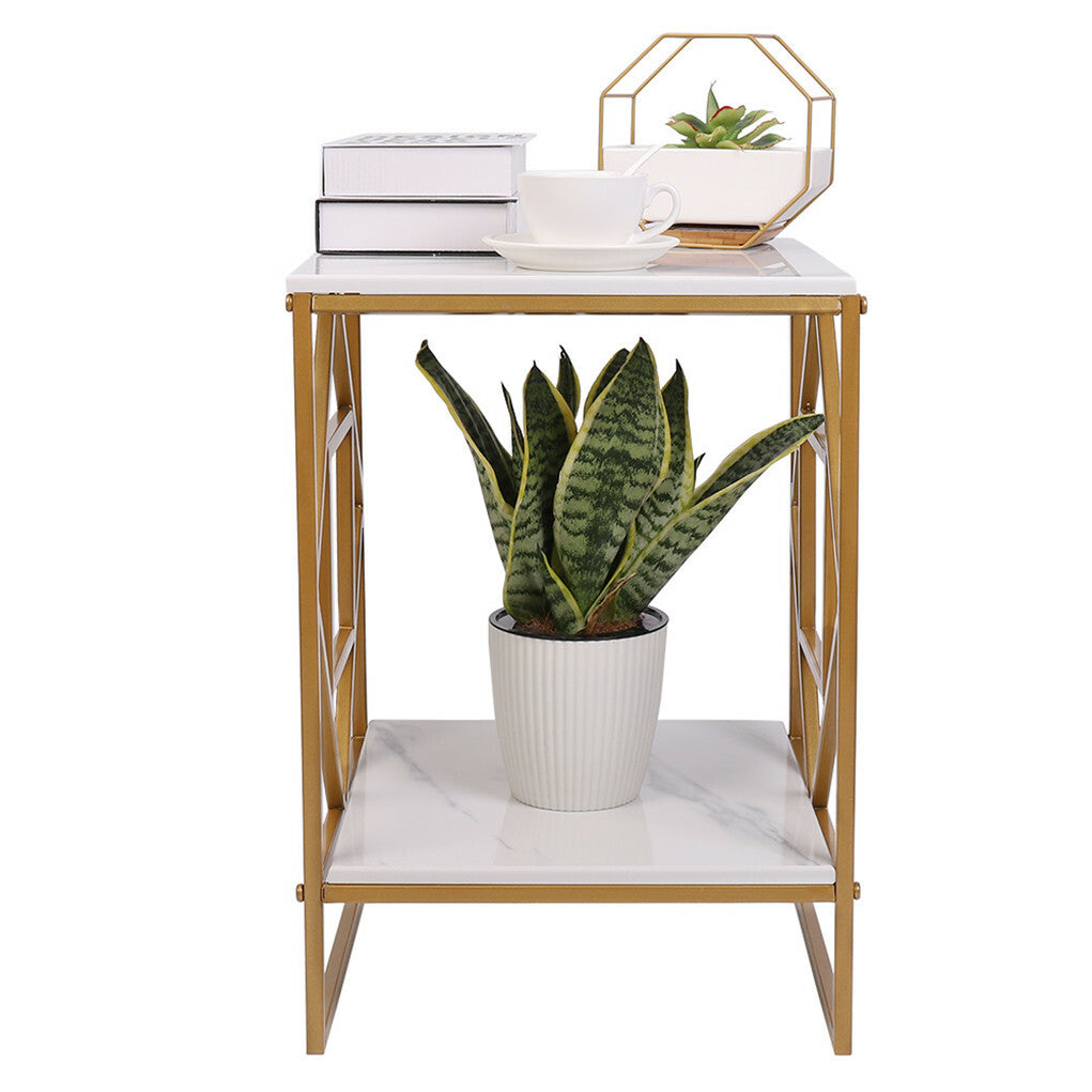 P&P 2 Tier Square Side End Accent Table Marble Vein Living Room Corner Table Art Dec