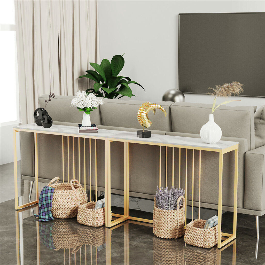 P&P Narrow Console Sofa Entry Table Behind Couch Table Sintered Stone Golden Frame
