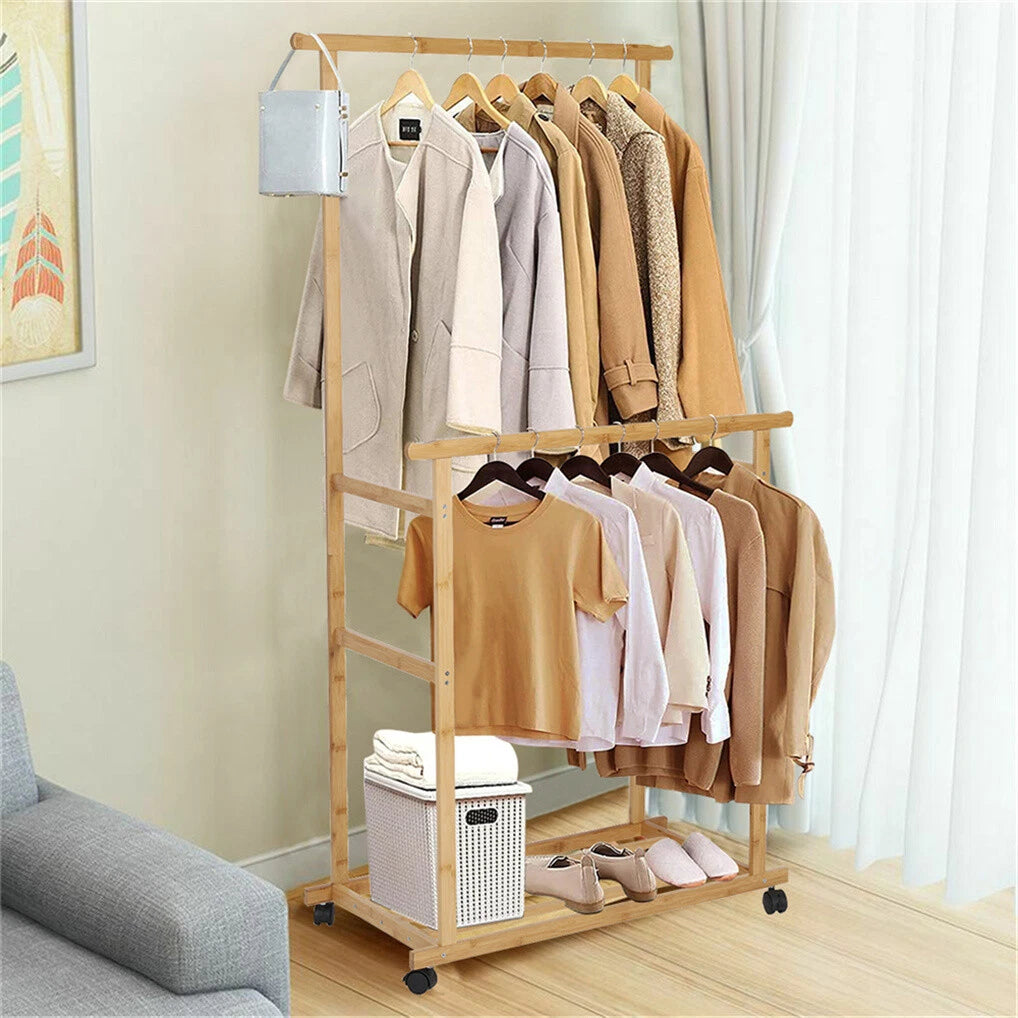 Heavy Duty Bamboo Garment Rack Freestanding Rolling Clothes Trousers Scarf Rack