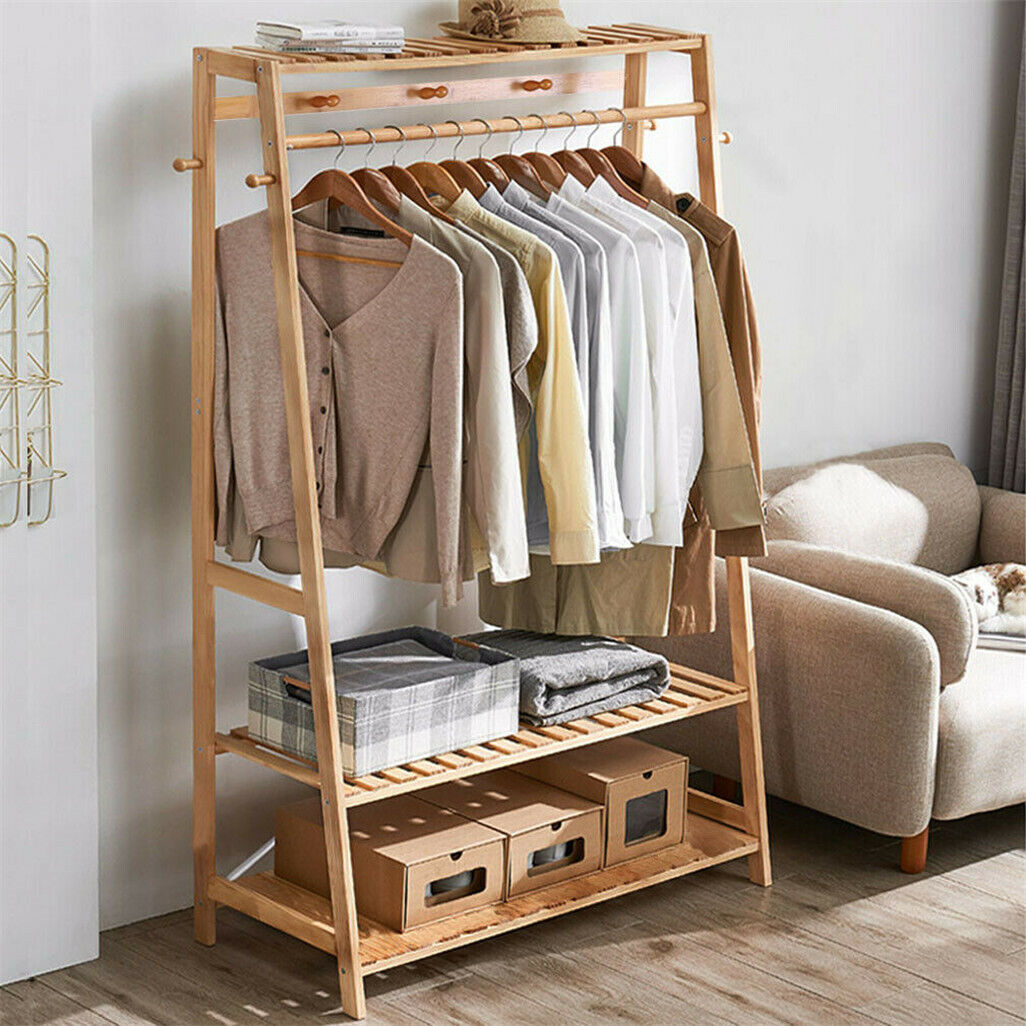 P&P Rail Bamboo Clothes Rack Garment Hanging Stand 3 Tier Storage Shelves Closet