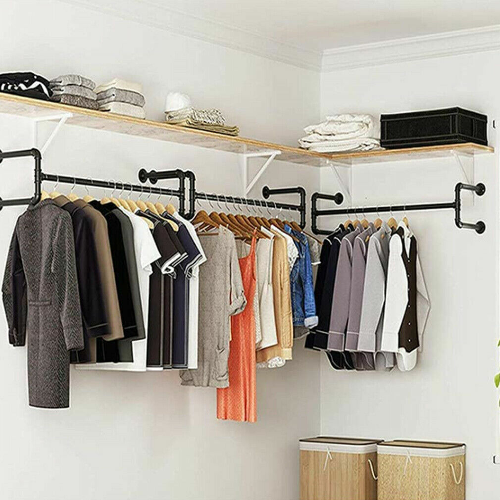 P&P Detachable Wall Mount Clothes Rack Industrial Pipe Garment Bar Hanging Rod 2Base