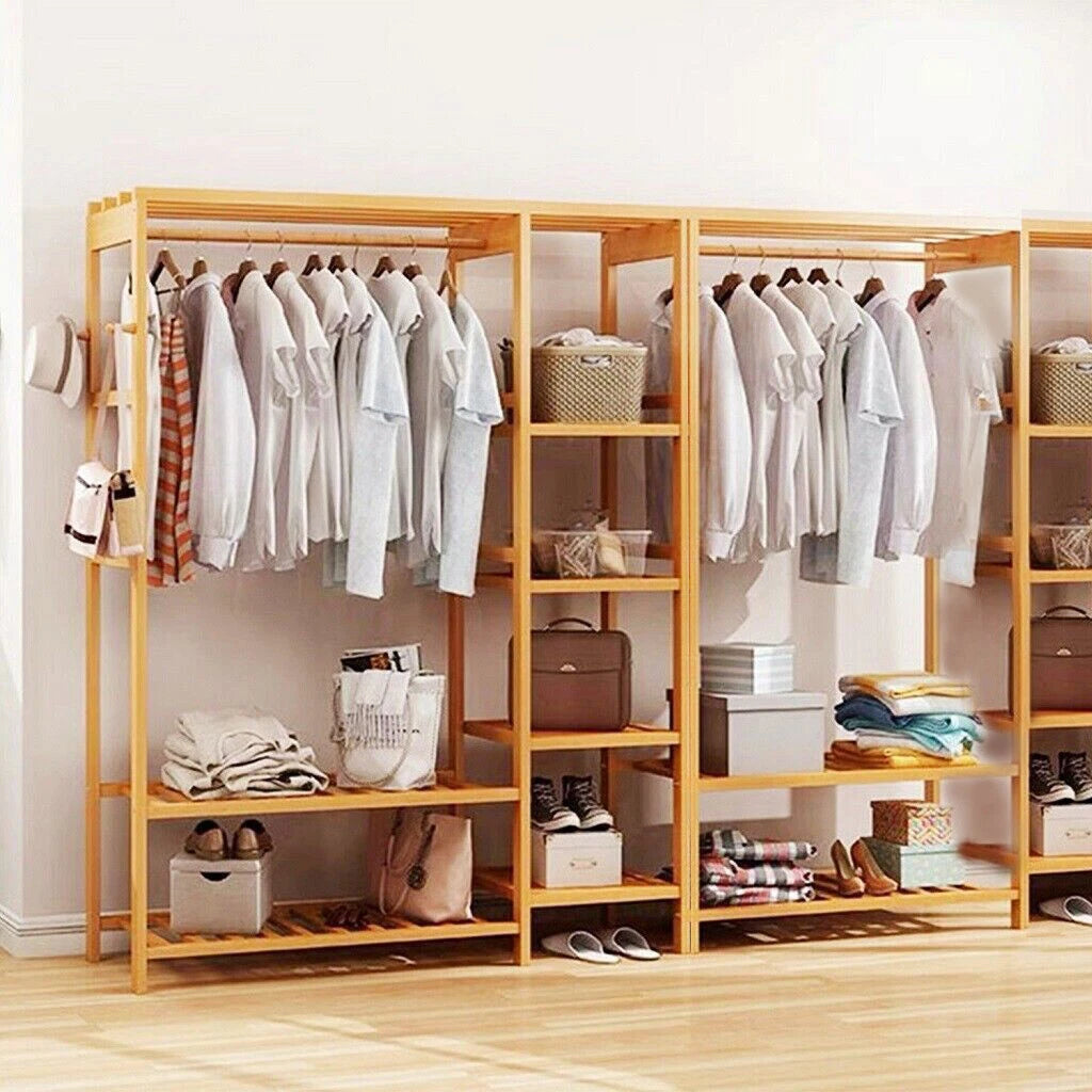 6 Tier Dustproof Bamboo Garment Clothes Rack Storage Shelves Closet Stand 4 Grid