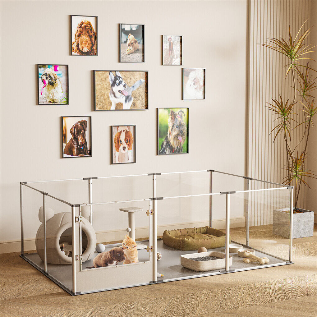 P&P 10 Panels Acrylic Dog Whelping Pen Box Indoor Pet Playpen Exercise Fence w/ Mat