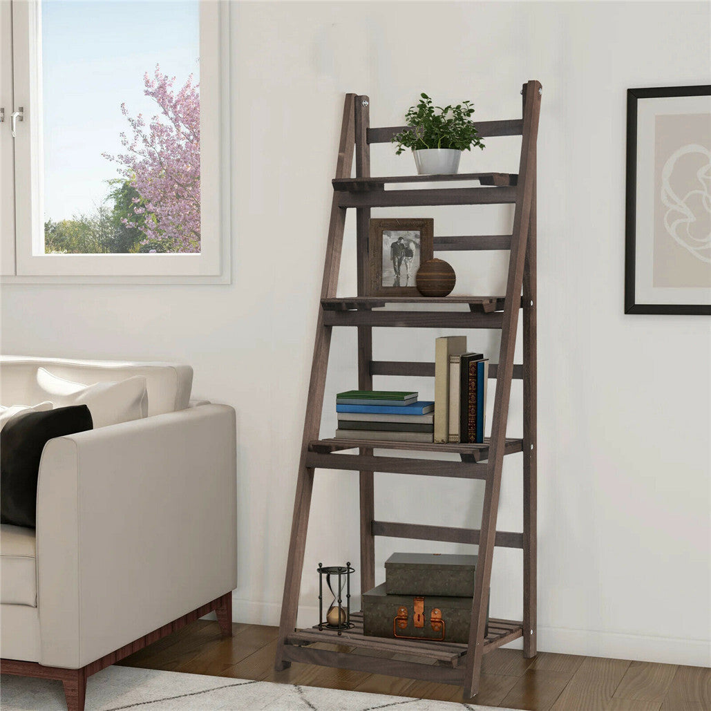 P&P 4Tier Ladder Shelf Wooden Leaning Bookshelf Tall Standing Flower Stand Plant Rac