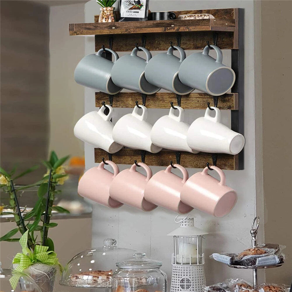 Wall Mounted Shelf Mug Cup Cupboard Kitchen Organiser Hooks Hanging Rack Holder