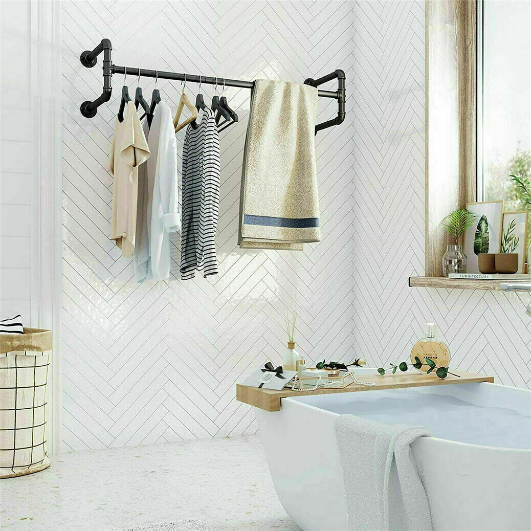 P&P Detachable Wall Mount Clothes Rack Industrial Pipe Garment Bar Hanging Rod 2Base