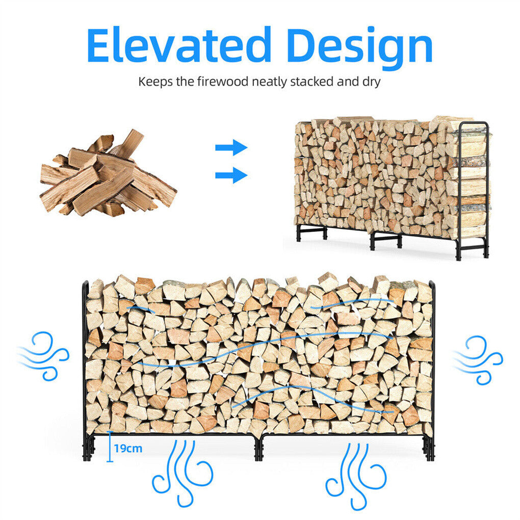 P&P 8ft Strong Firewood Rack Heavy Duty Log Holder Metal Elevated Wood Storage Stand