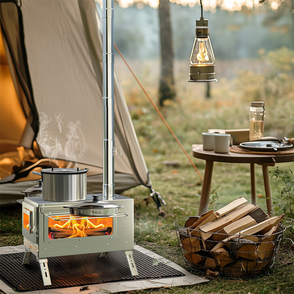 P&P Portable Camping Tent Stove Stainless Steel Wood Burning Stove w/ 7 Chimney Pipe