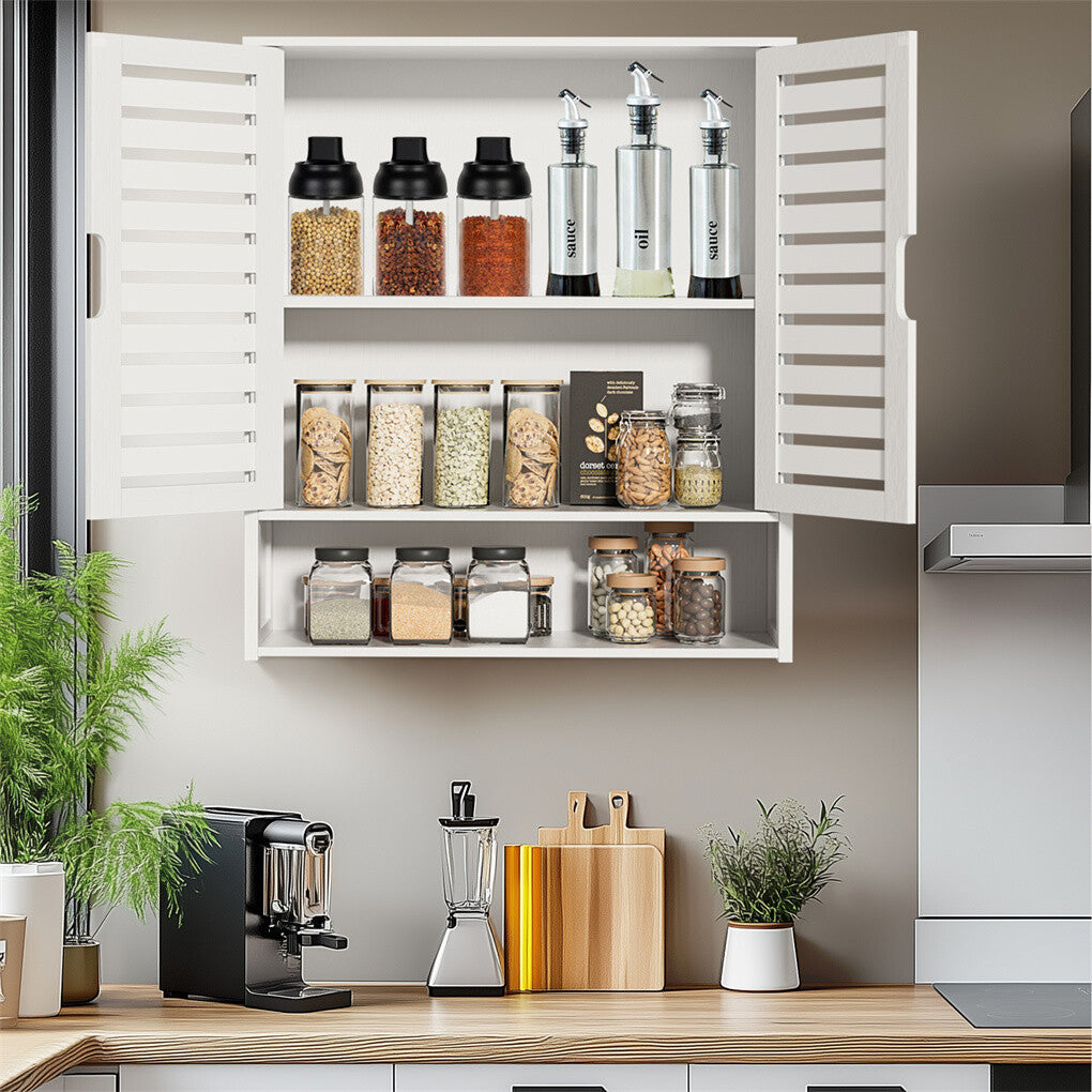 P&P Large White Bamboo Wall Mounted Storage Cabinet Wall Medicine Cabinet w/ 3 Shelf