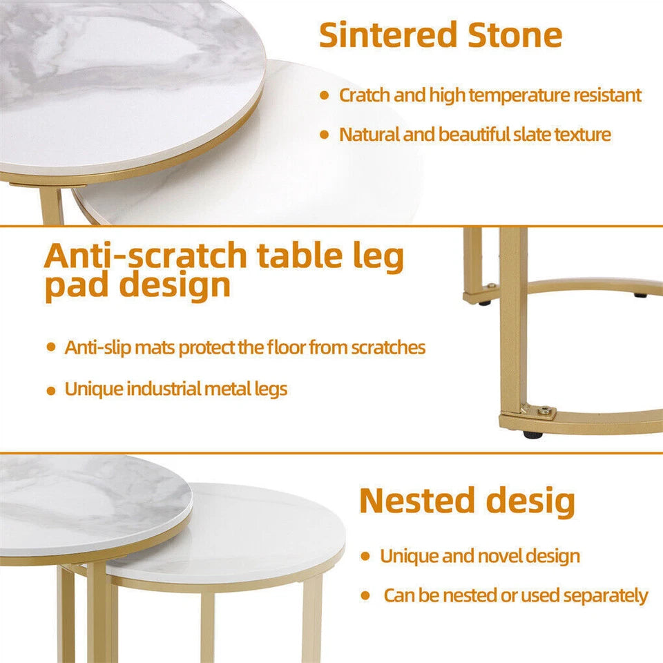 White Set of 2 Sintered Stone Nesting Side Tables With Gold Metal Legs