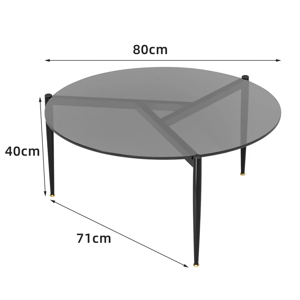 Blue Tinted Round Tempered Glass Coffee Table with Sturdy Metal Base