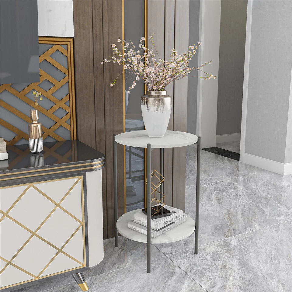 High Gloss Marble Top End Table Coffee Side Table W Rustproof Solid Iron Frame