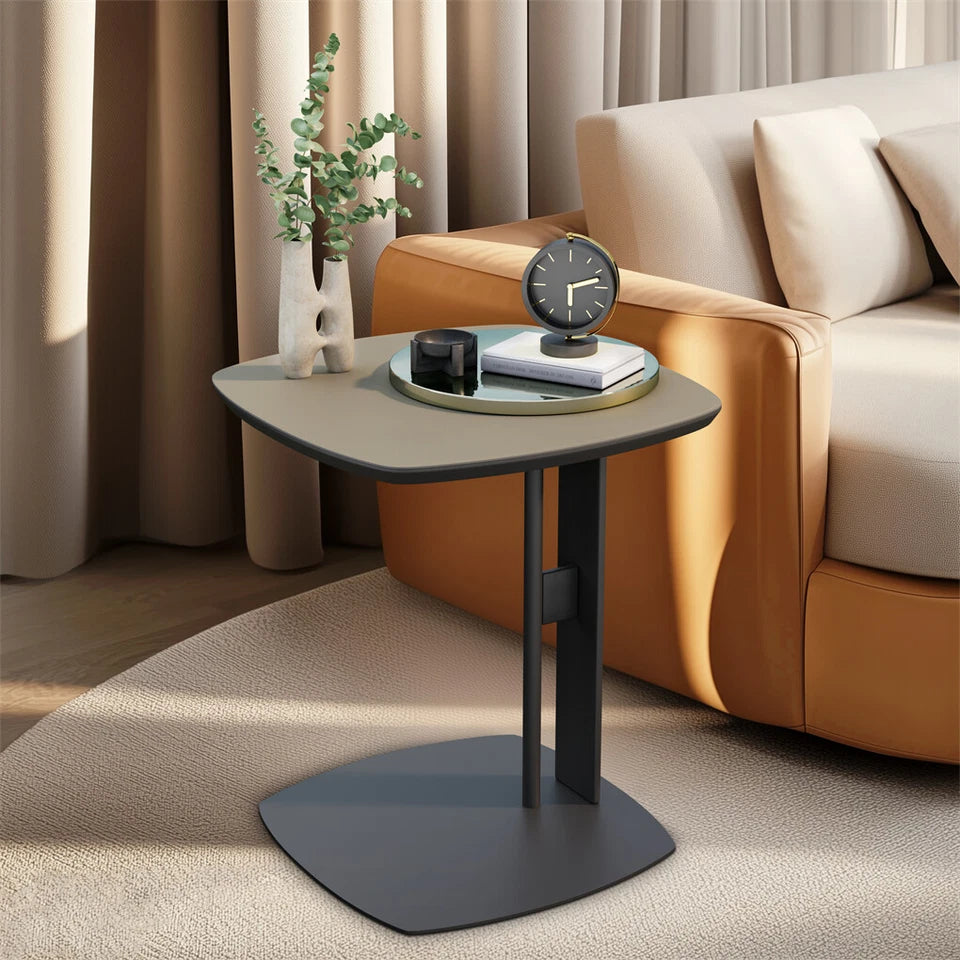 Light Grey Saddle Leather C-Shaped Square Side Table With Black Frame