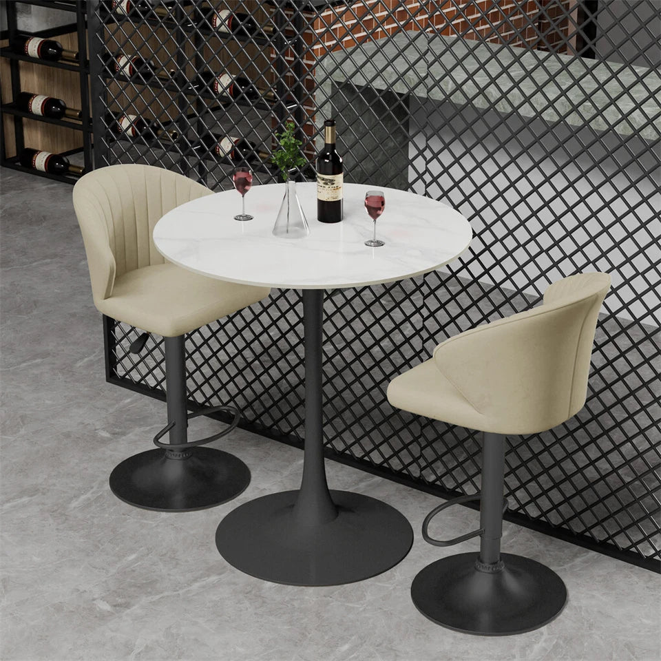 White Round Sintered Stone Bar Table, Black Base Bistro High Top Space Saver