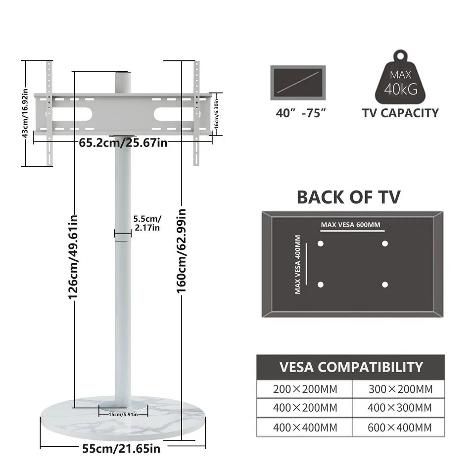 White 40-75 Inch Swivel TV Floor Stand with Sintered Stone Base and Height Adjust