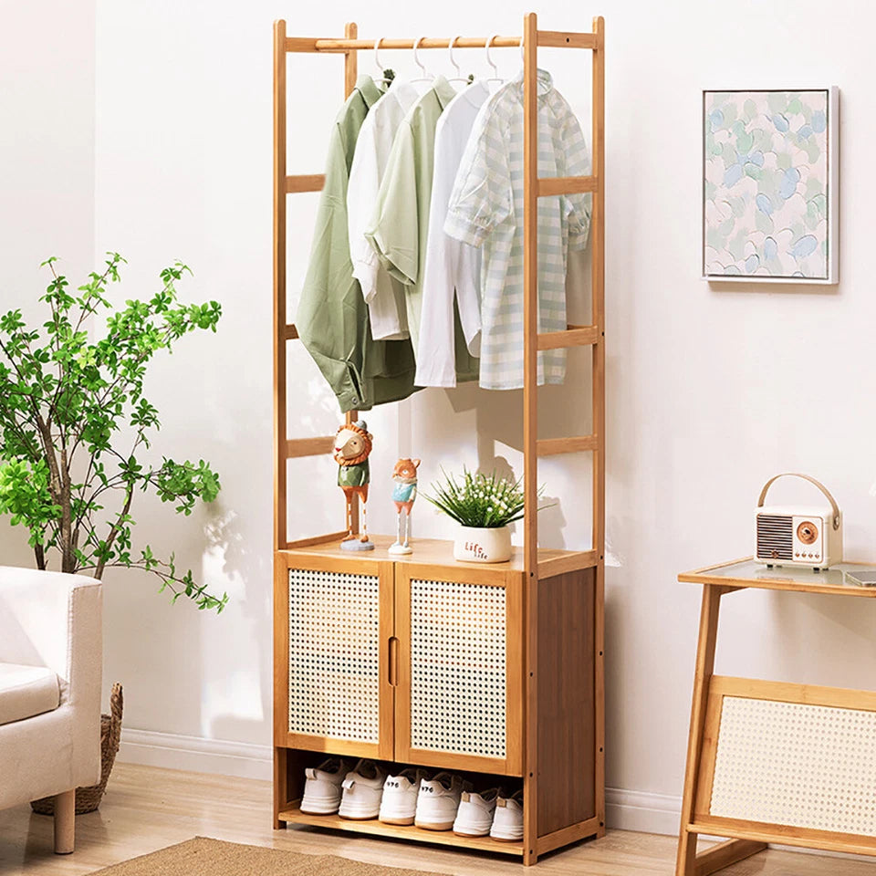 Natural Wood Modern Bamboo Clothes Rack with Storage Cabinet & Hooks